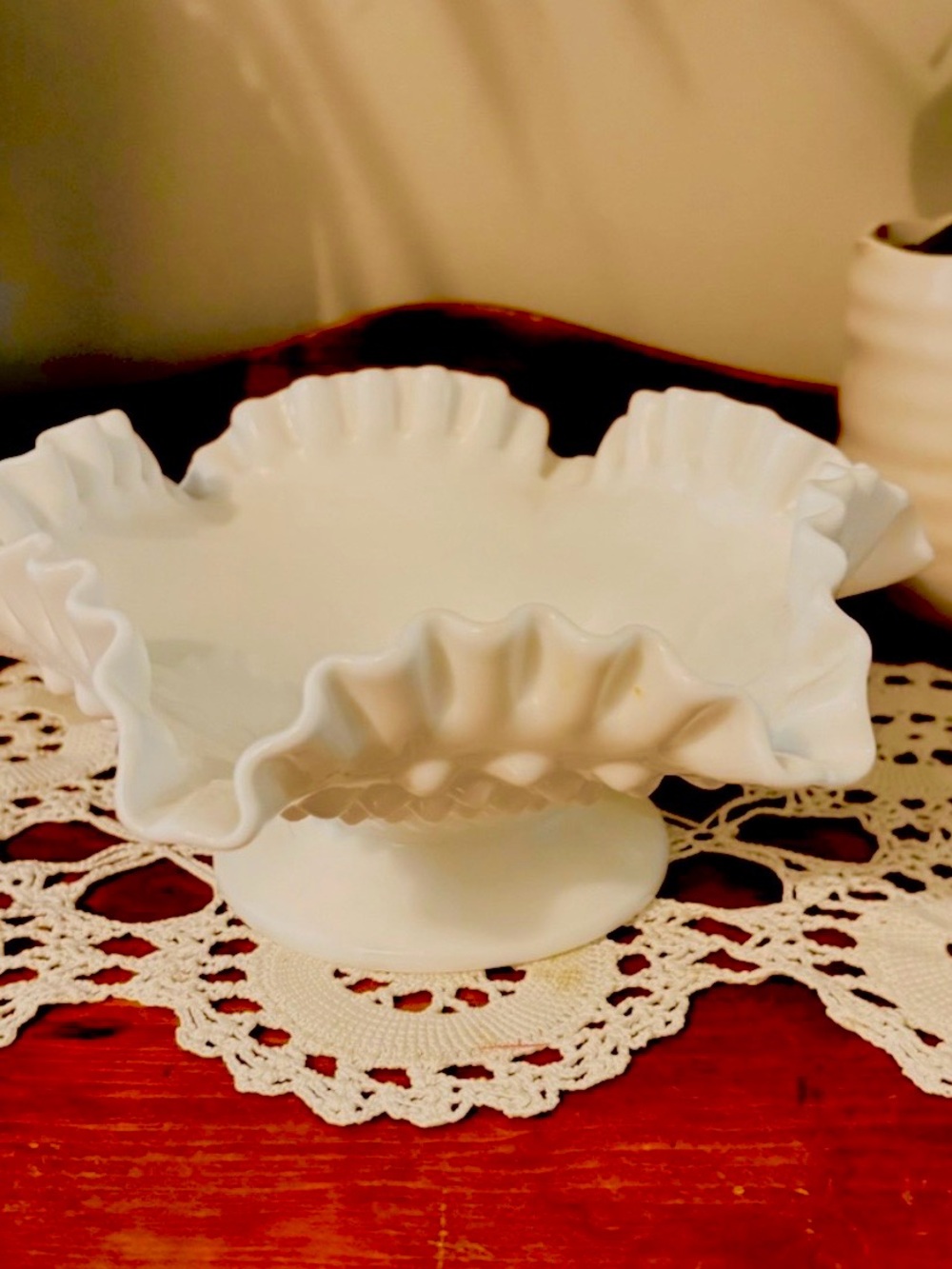 White Hobnob Ruffled Pedestal Milk Glass Bowl